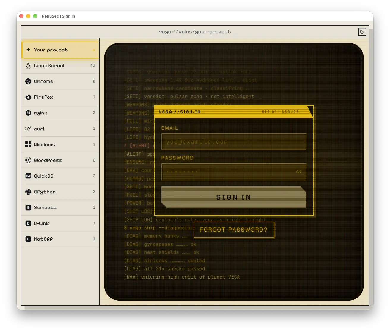 Log in page