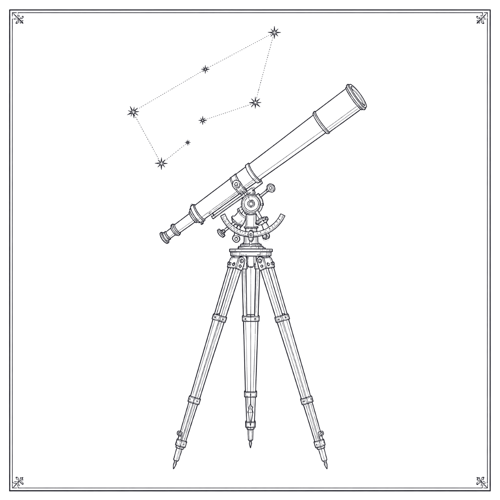 A long telescope on a tripod, framed by a constellation of dotted stars — the lab's hero artwork.